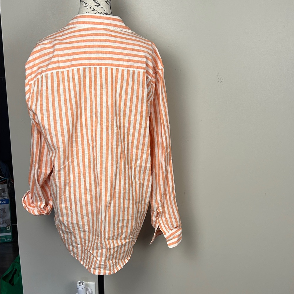 H&M Linen blend Orange White Striped Button Up Shirt Relaxed Summer Top L - Picture 4 of 8